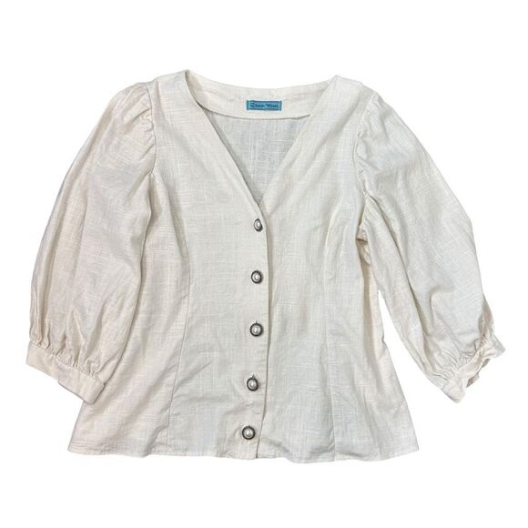 Sonja Wilson Blouse Jacket Women Large White V-Neck Button Up Pearl Button Puff - Picture 16 of 16